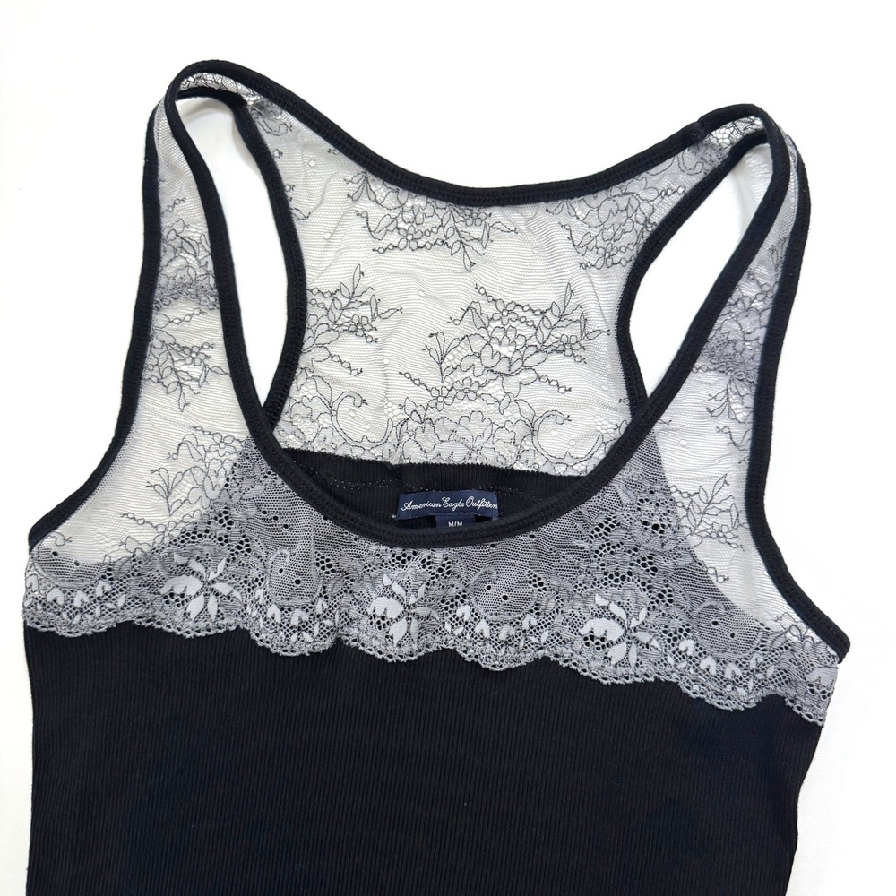 Vintage Y2K American Eagle Tank Top Womens Black Lace Trim Ribbed Racerback M - Picture 2 of 4